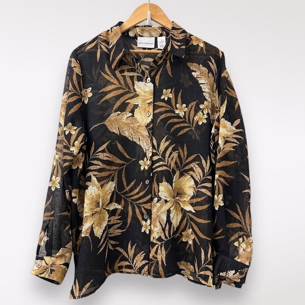 Alfred Dunner 14 Plus Floral Tropical Sheer Black‎ & Brown Buttoned Work Beachy